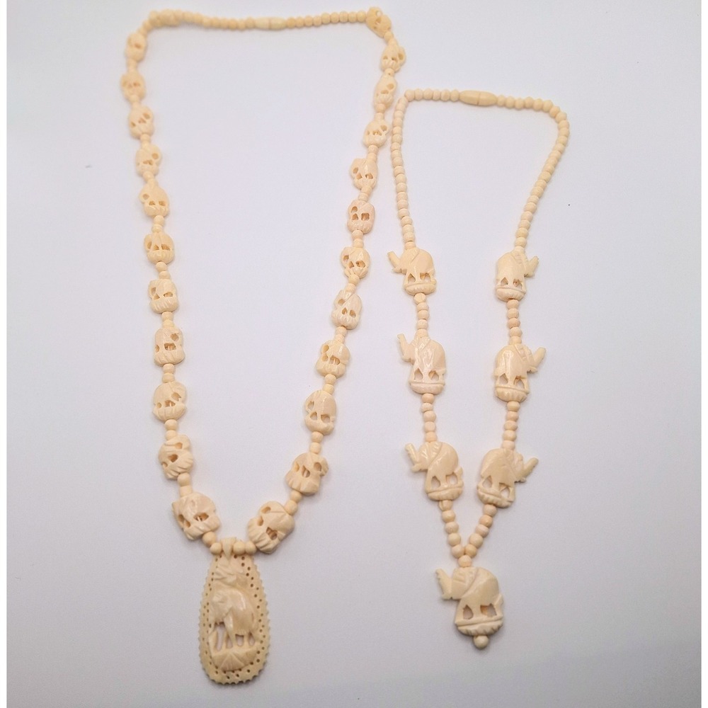 2 Vintage Carved Elephant Bead Necklaces Carved MCM Ethnic Faux Jewelry